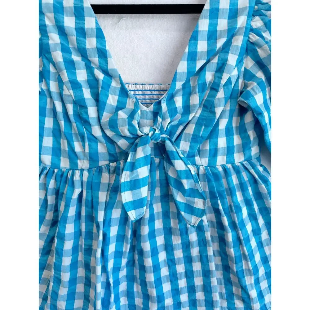 Lilly Pulitzer Sarafina Gingham Tie Front Puff Sleeve Peplum Blouse  00 peasant